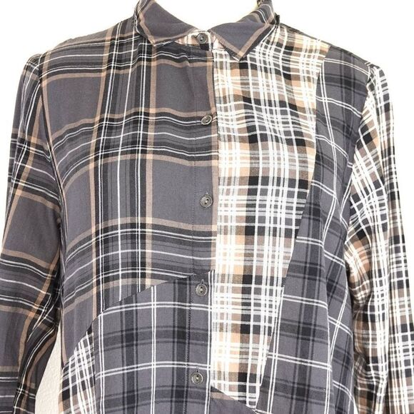 J.Jill Long Multi Plaid Button Down Blouse Tan Black White Size Medium Petite - Picture 2 of 14
